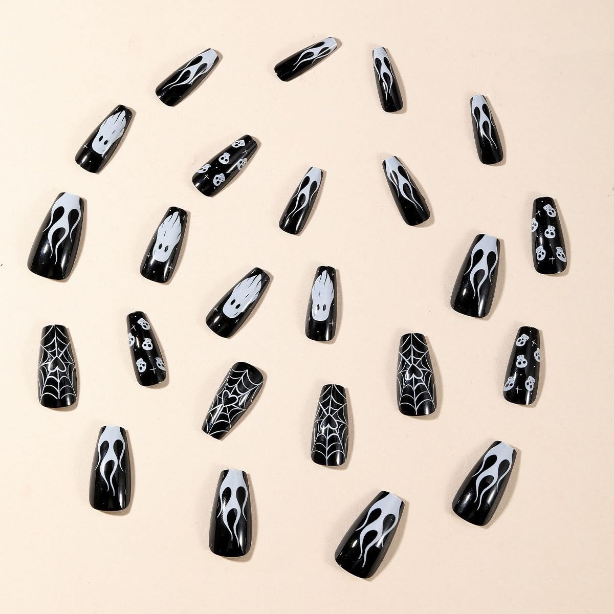 Halloween Press on Nails Long Square Fake Black Spooky Long, Style-A