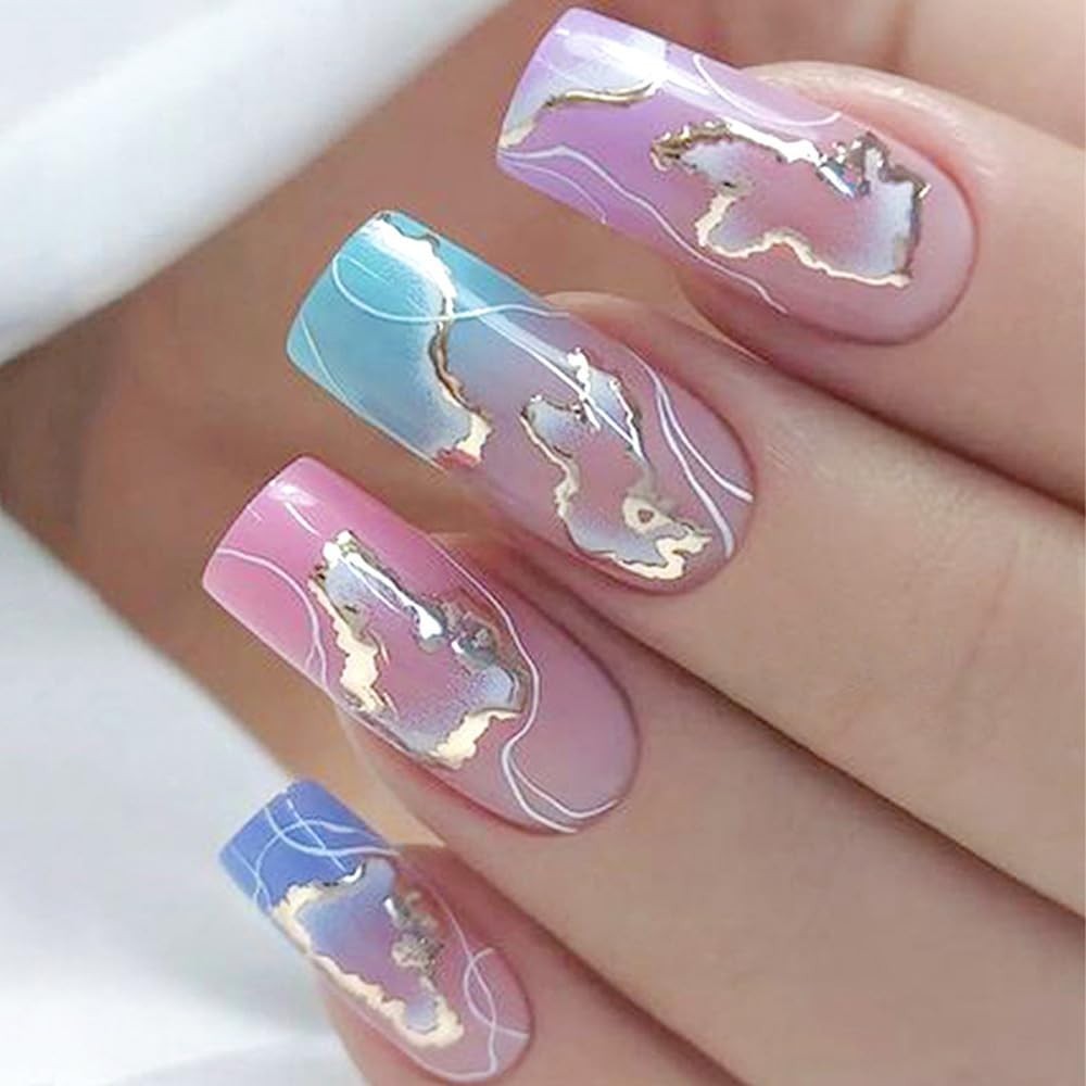 Press on Nails Medium Square Fake Nails with Blue Pink Gold Curved Line Designs