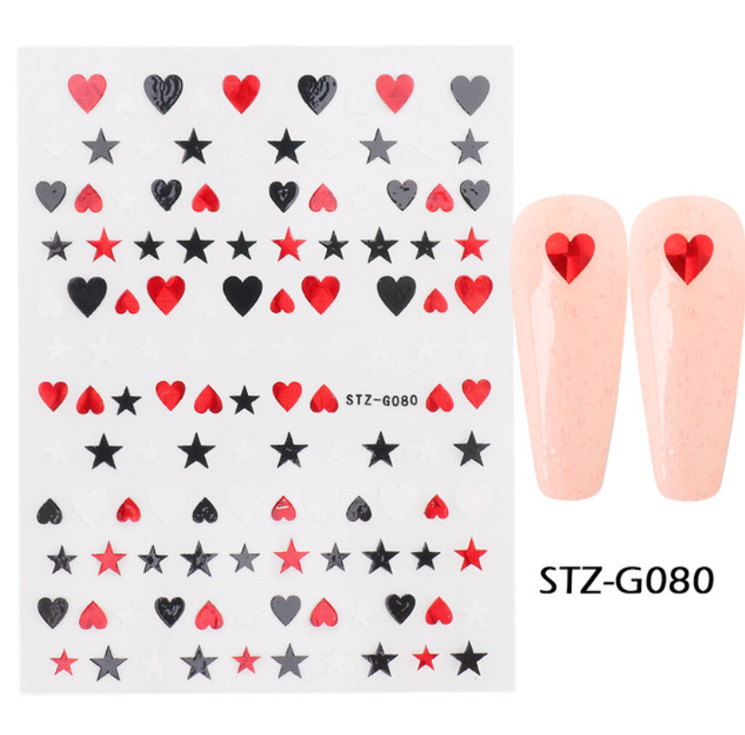 Nail Art Stickers Decals Transfers Valentines Day Red Black Love Heart Star NH23