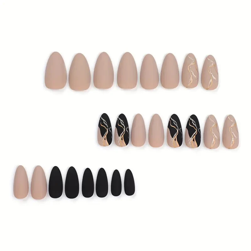 24pcs Matte Medium Almond Fake Nails, Nude And Black Press On Nails With Golden