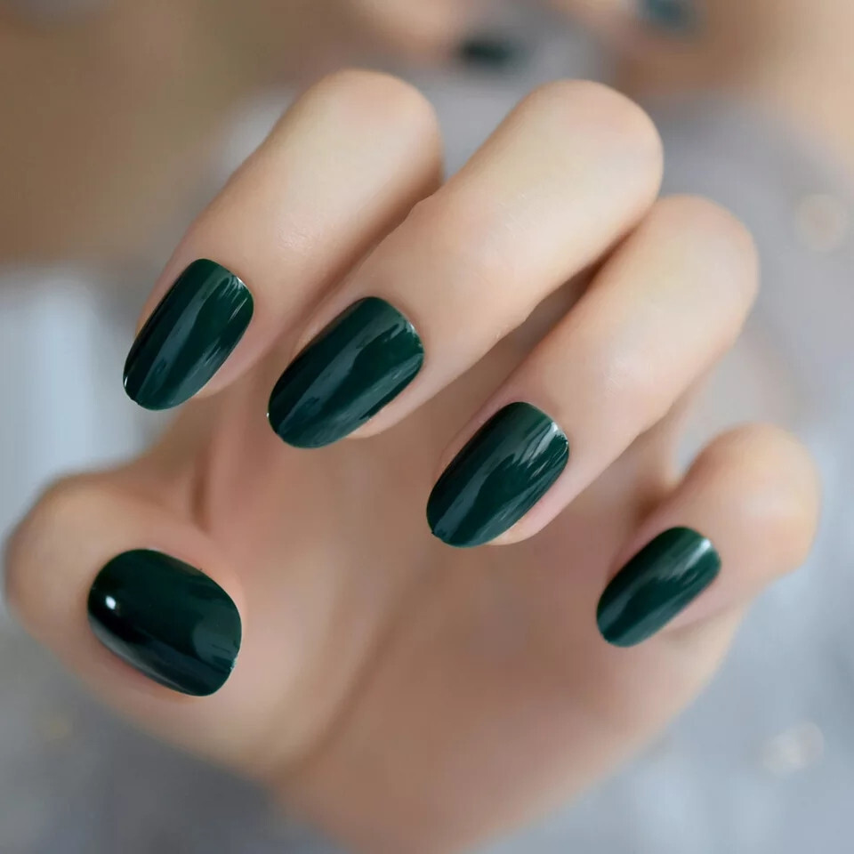 24 Short Press on nails kit w glue dark green almond