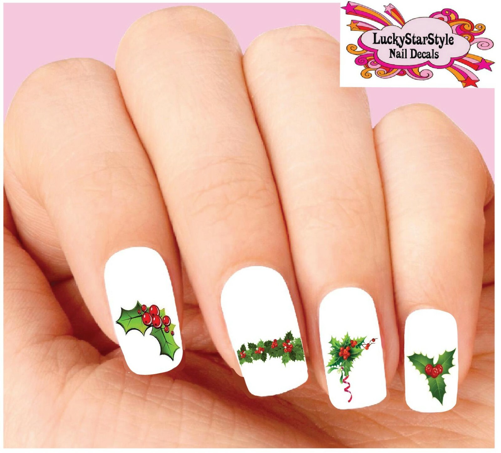 Waterslide Holiday Nail Decals Set of 20 – Christmas Holly with Berries Assorted