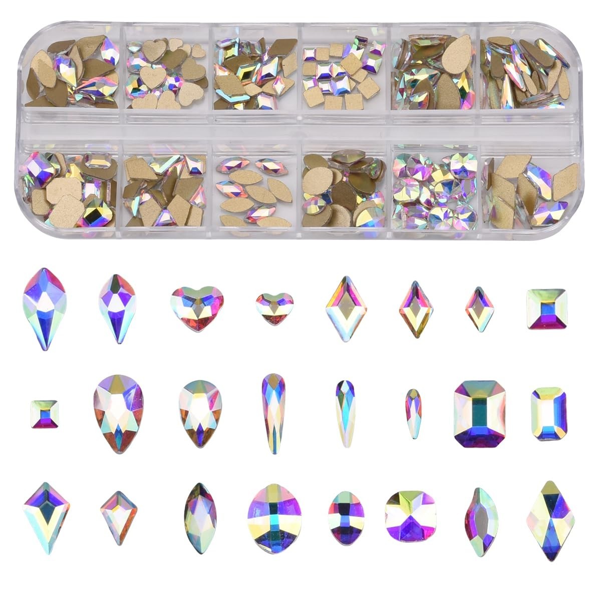 240pcs Flatback Crystals Mix – 12 Styles, Multi Sizes, Glass AB Rhinestones for