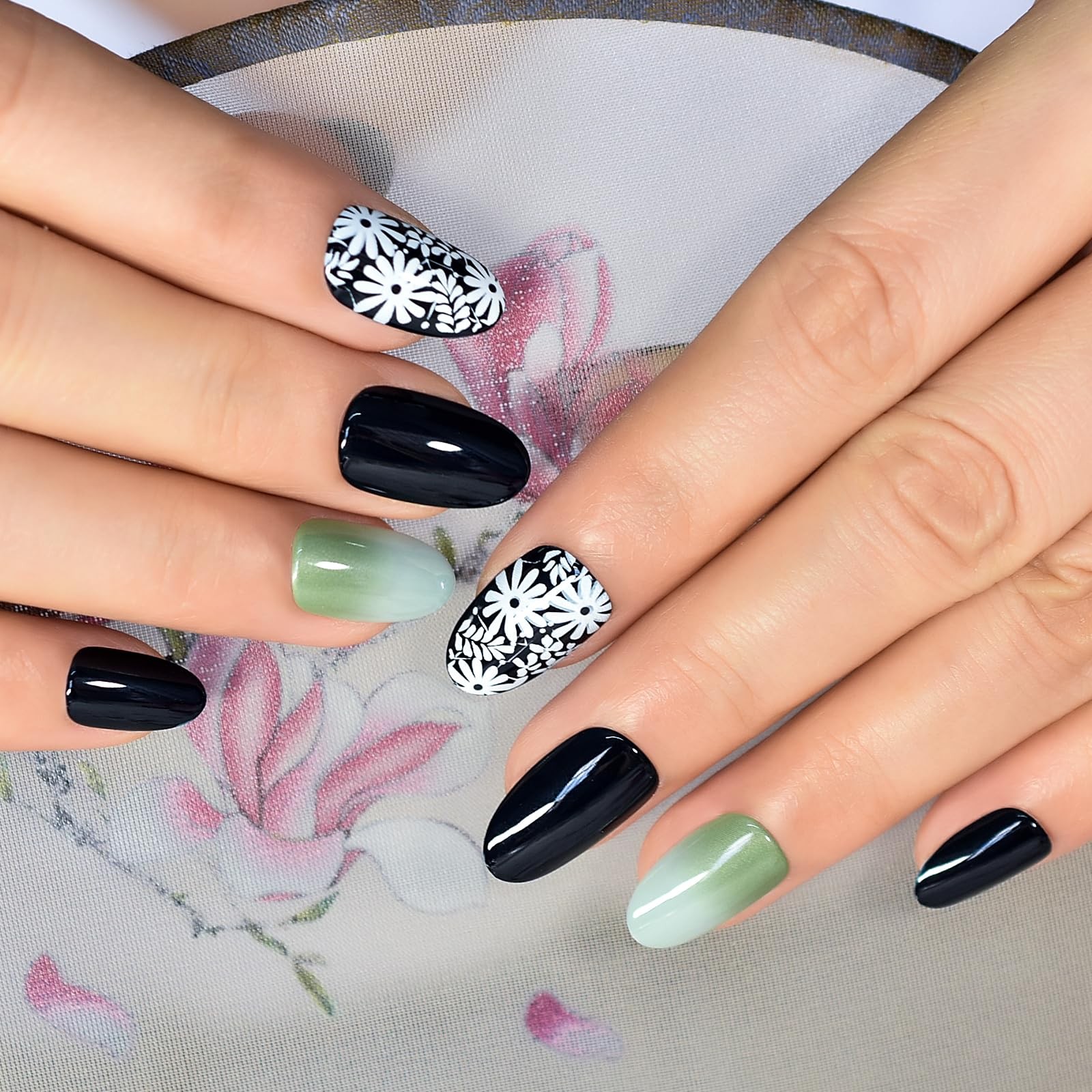 Pre-design Press On Nails Glossy Black Green False Nails Medium Long Nail Art…