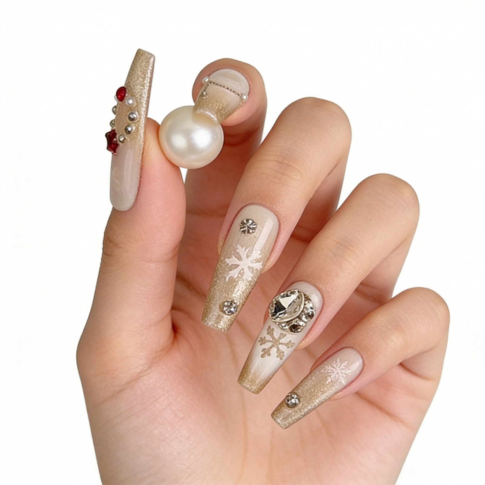 Christmas Glitter Press On Nails Long Coffin Gold Snowflake Rhinestone Set