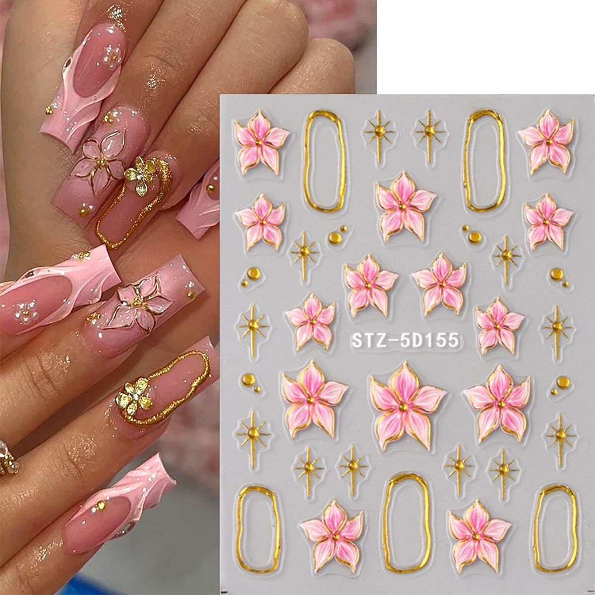 4 Sheets 5D Embossed Gradient Flowers Nail Stickers for Nail Art Design Summer F