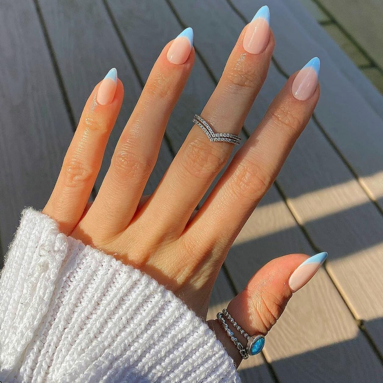 KQueenest 30 Pcs Baby Blue French Tip Press on Nails Short Almond Nails Acryl…
