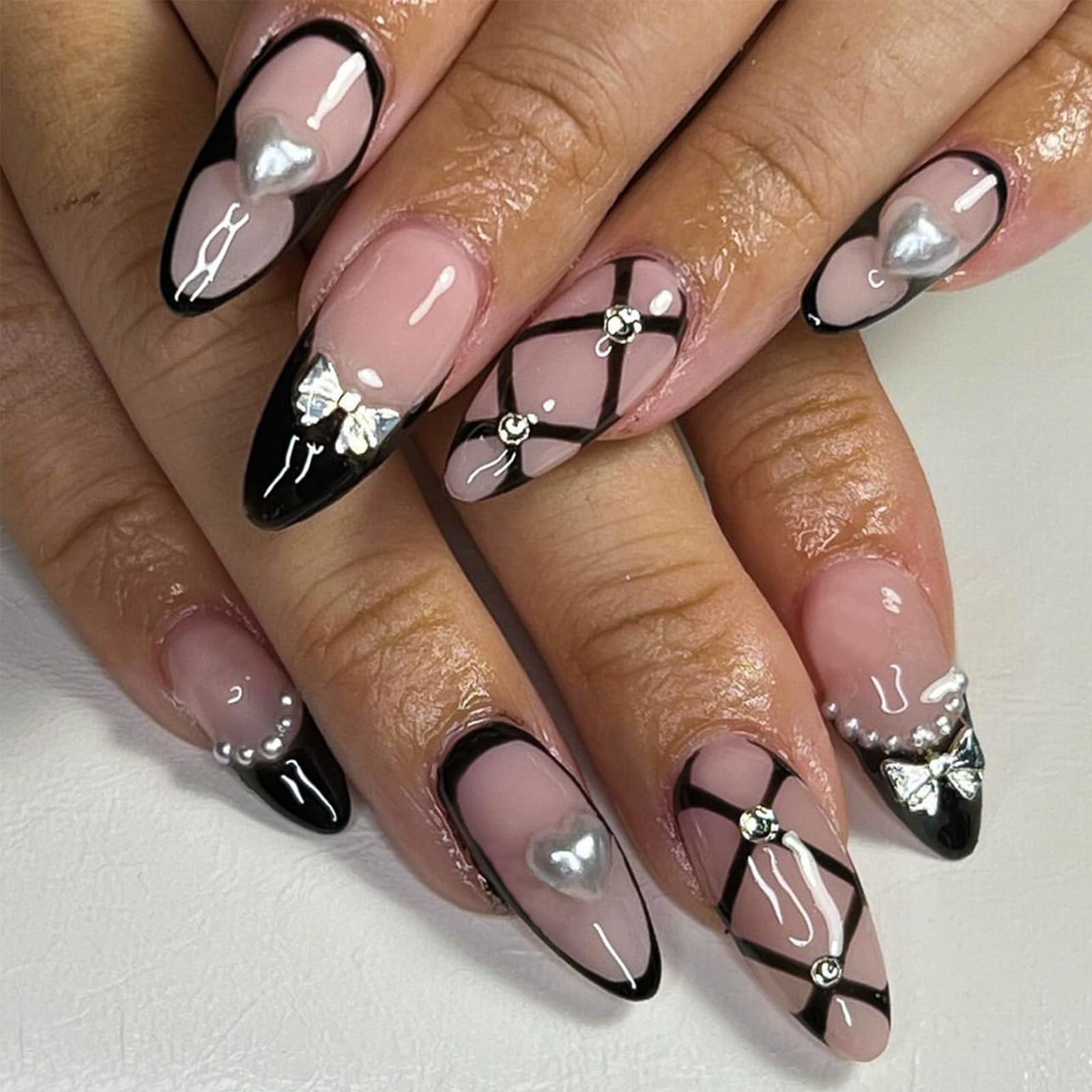 24pcs Black Medium Almond Fake Nails Line Design French Tip Press On Nails Wi…
