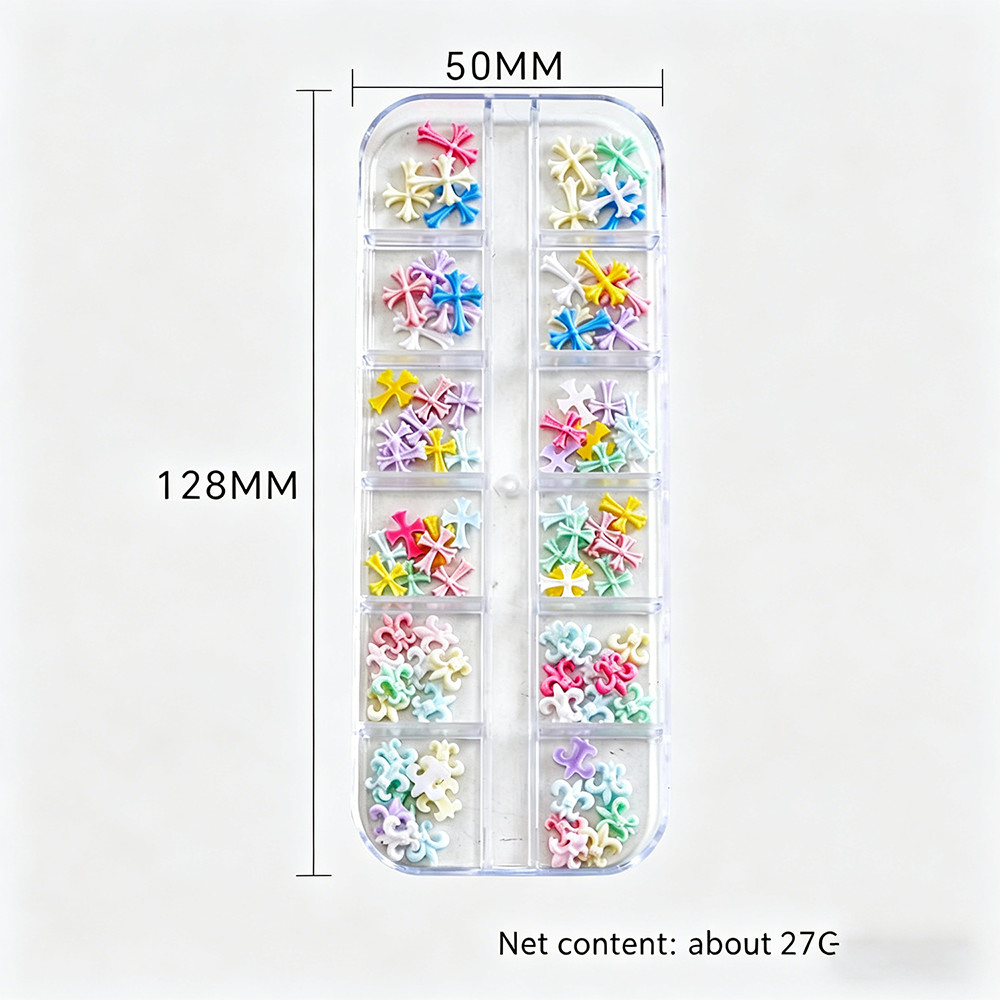 12-Grid Mixed Color Resin Cross Nail Art Sweet Dopamine Style for Press On Nails