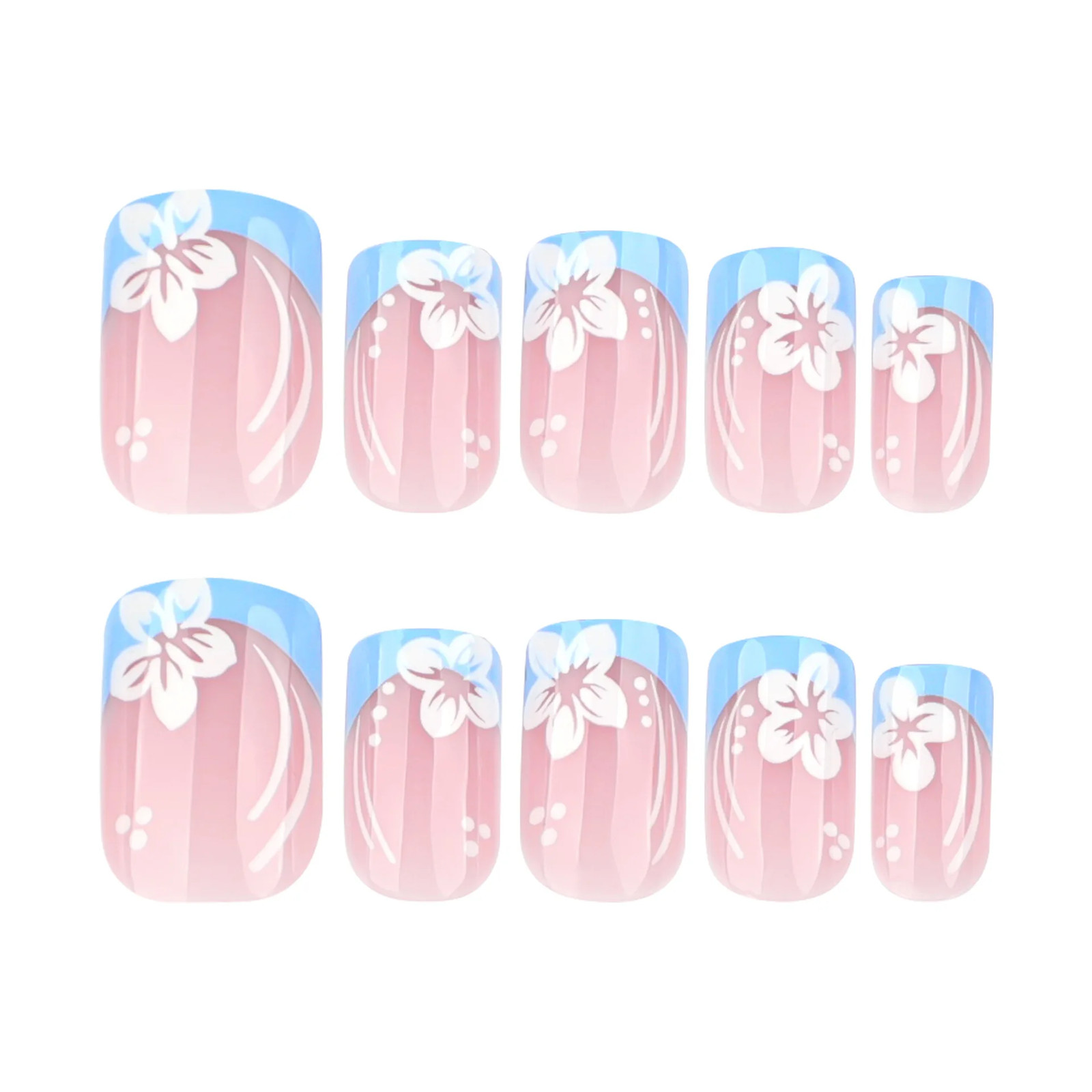 24pcs Spring White Flower Blue French Square Press On Nails