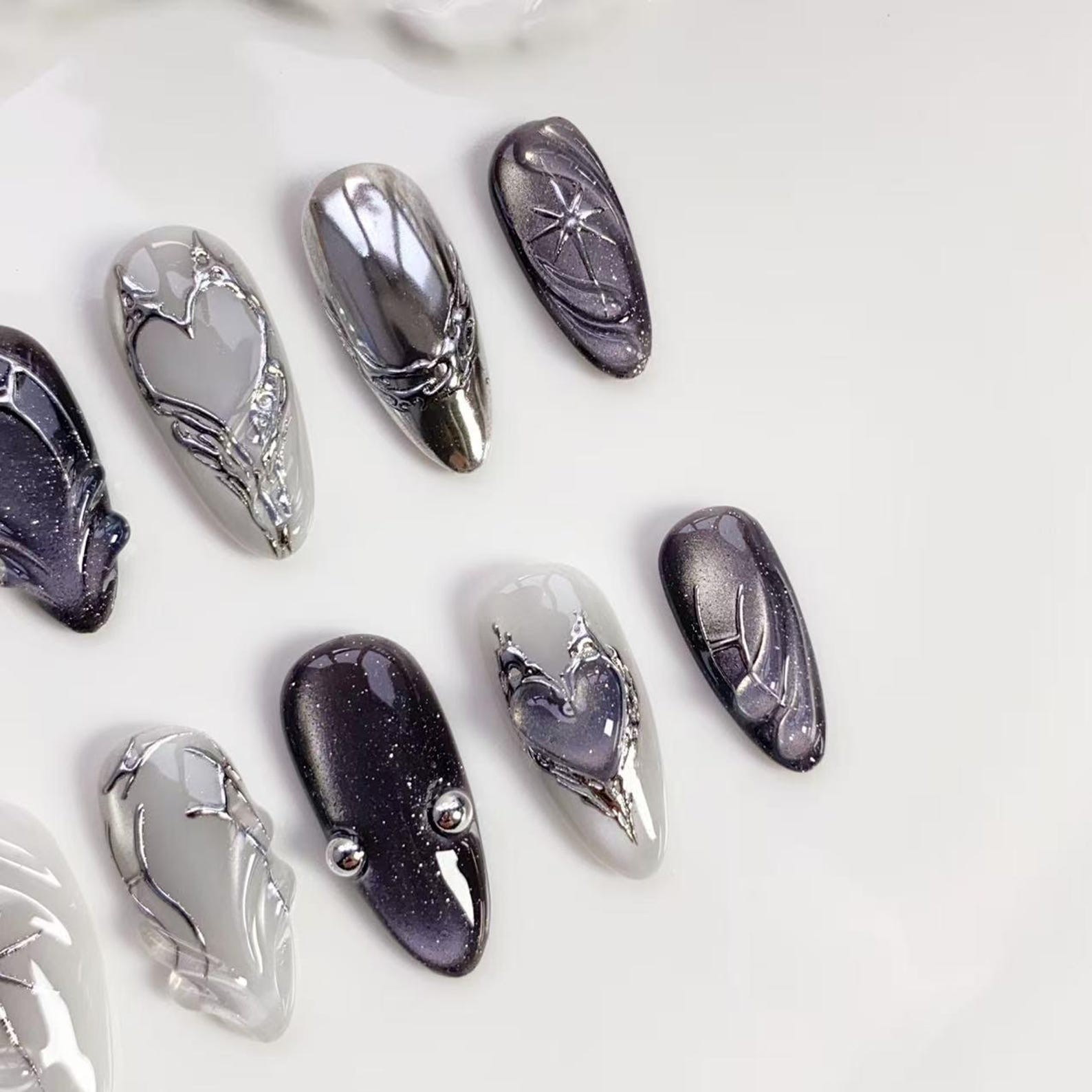 Handmade Dark Purple Silver Metal Heart Star Medium Almond Press on Nails