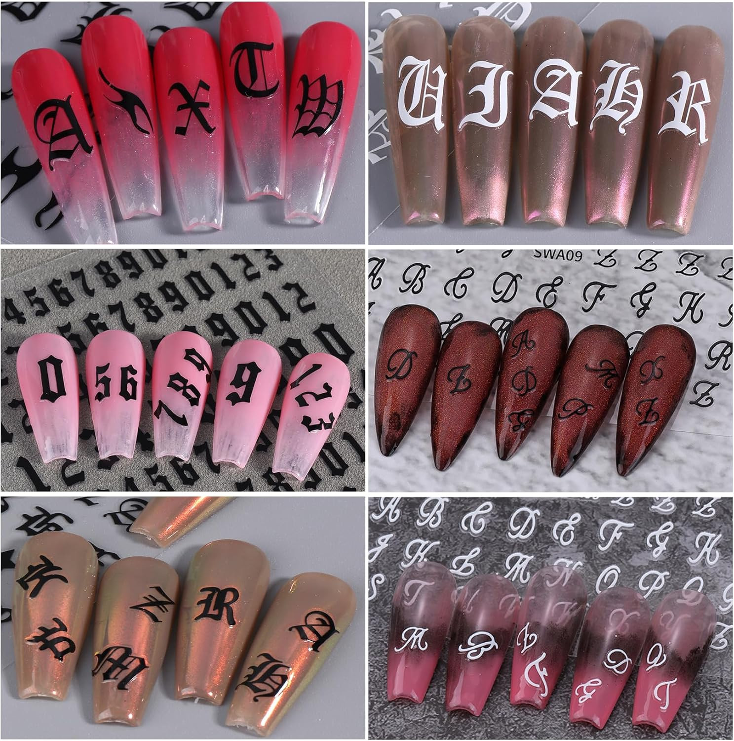 Letters Nail Art Stickers Decals 12 Sheets Alphabet Initial Nail Decals 3D Self-
