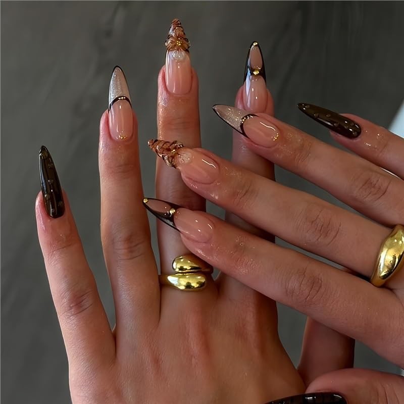Long Almond Press on Nails Nude Black Gold False Nails French Tip Luxury Stic…