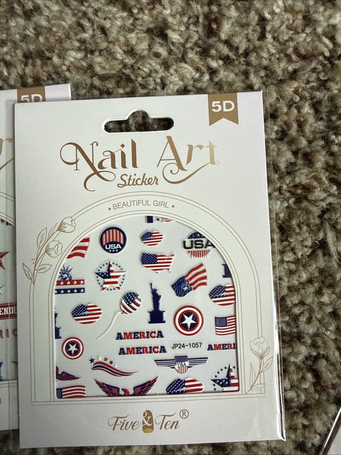 Nbntgh Red, White, Blue 5D Nail Stickers 4 Sheets