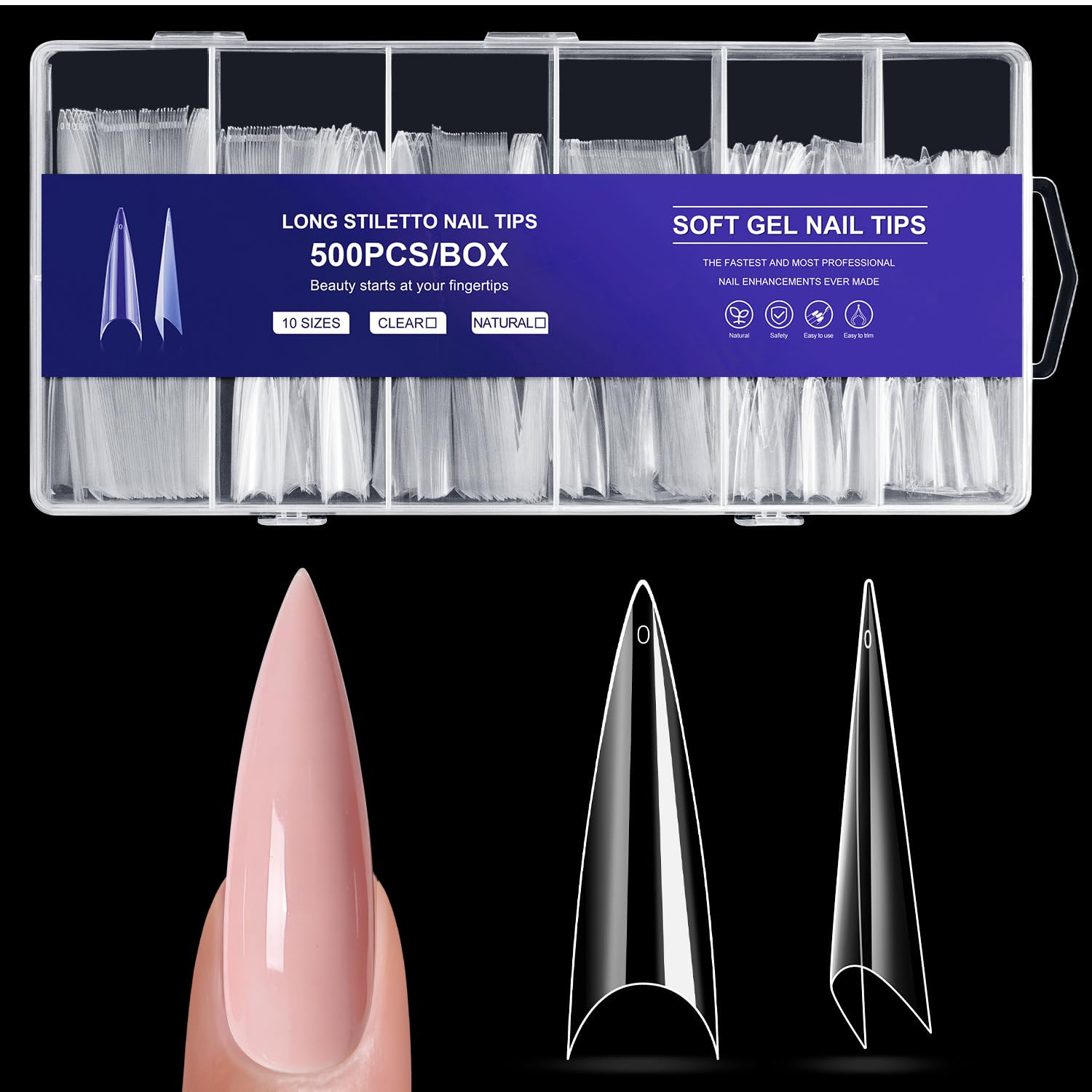 Extra Long Stiletto Nail Tips – 500PCS False Clear Nais with 10 Sizes Half Cover