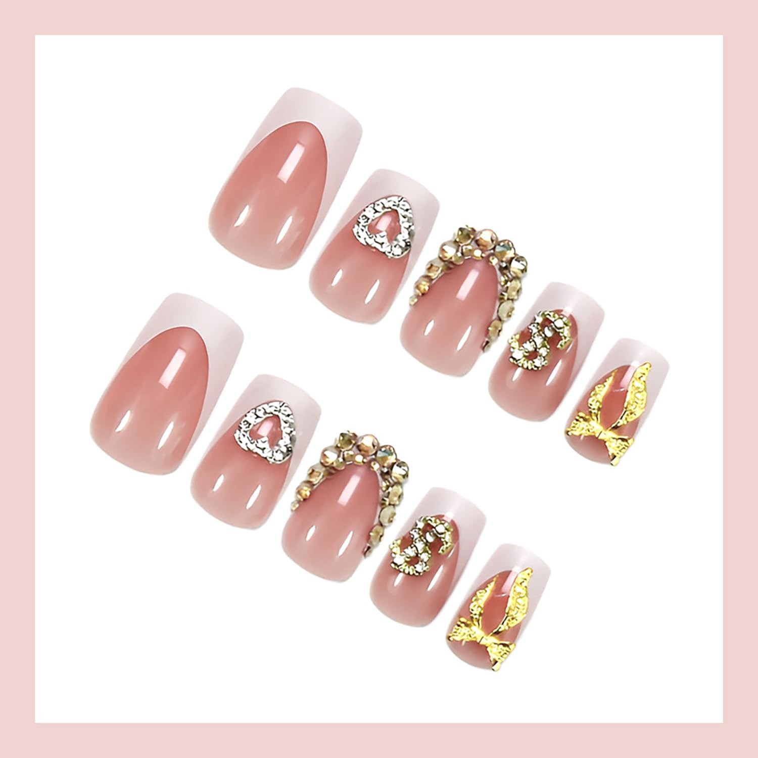 24pcs French Tip Press on Nails Short Square Fake Nails with 3d Heart Bow Dol…
