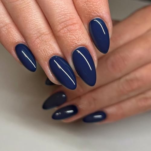 Navy Blue Press on Nails Medium Almond Dark Royal Fake Nails with Royal Blue