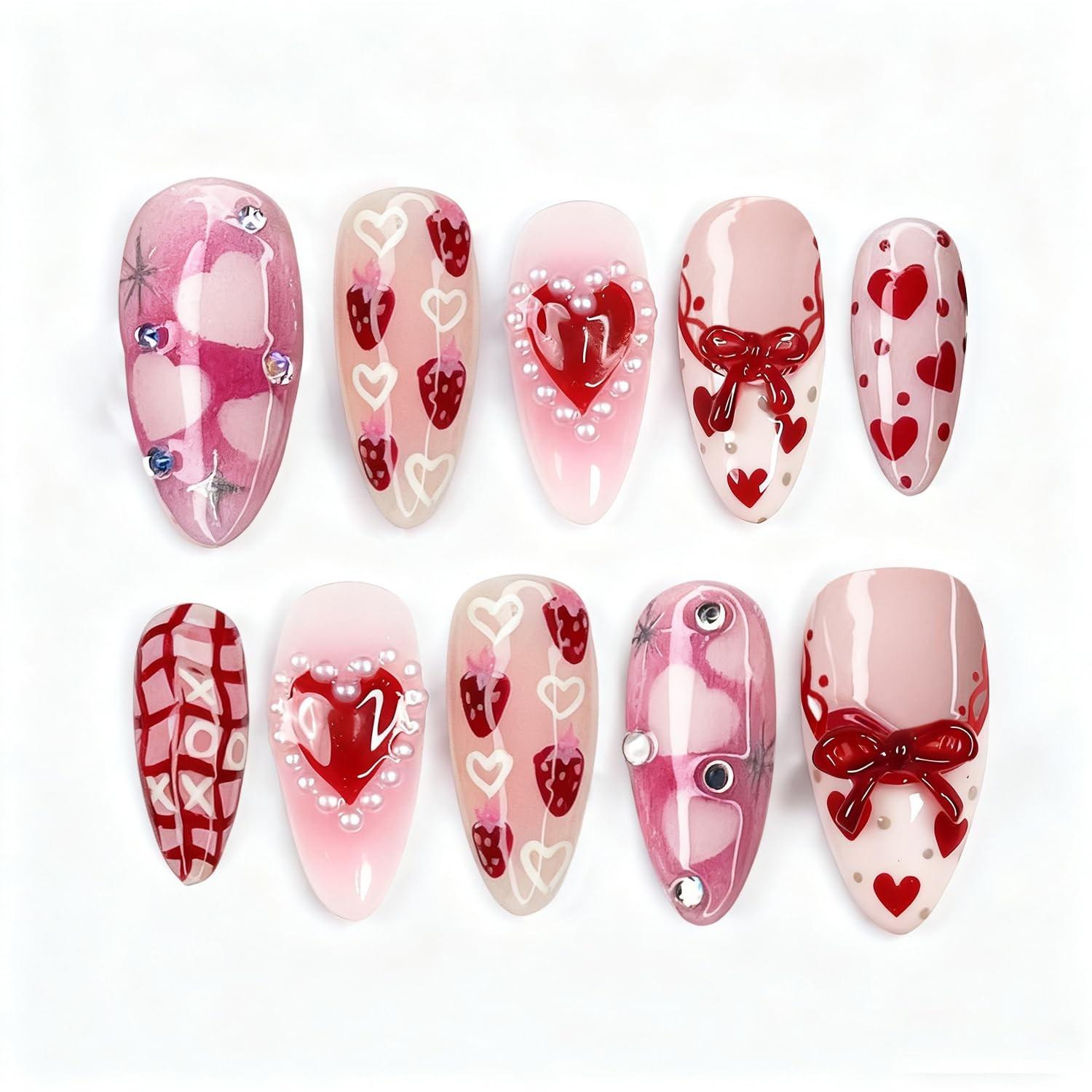 24pcs Valentines Press on Nails Medium Almond Fake Nails with Bow Heart Straw…