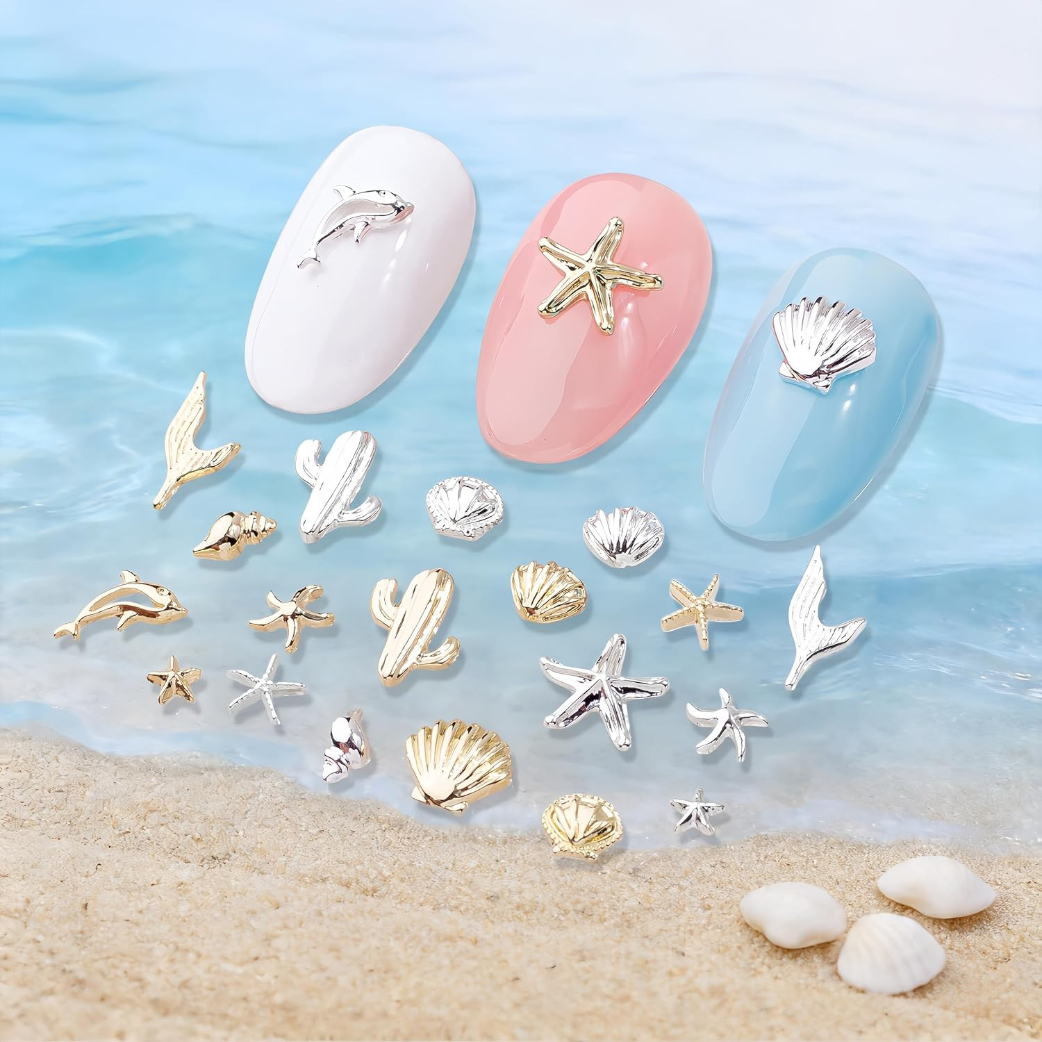 80Pcs Summer Beach Nail Charms Summer Ocean Nail Rhinestones Metal Small Starfis
