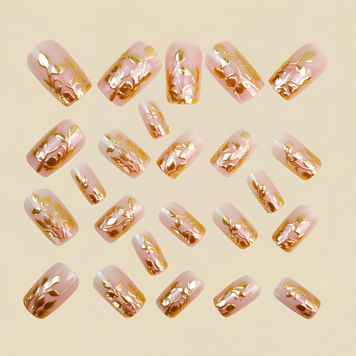 Gold Press on Nails Short Square Nude Fake Nails with Chrome Gold Foil Leaf Desi