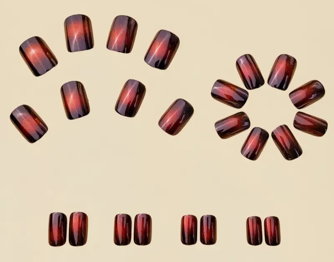 24-Piece Ballet Nail Set – Medium Length Black with Red Aura Glossy Finish Nail