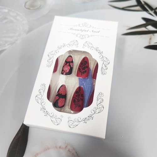 Red Rose Flower Press On Nails – Black Leaves Acrylic Medium Valentine Almond 9