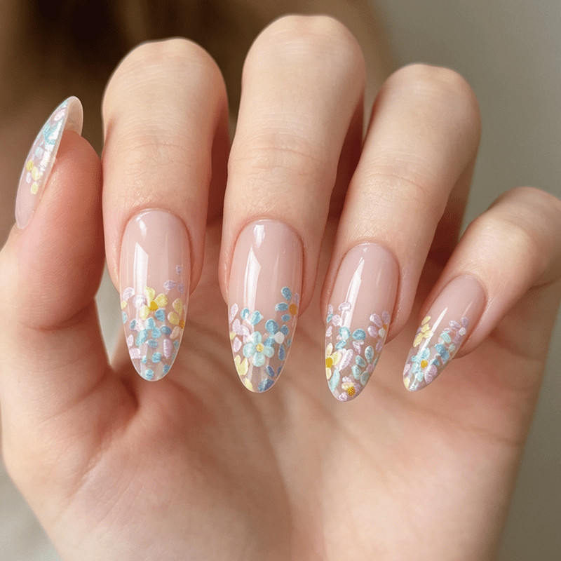 48pcs Short Oval Press on Nails, Clear Nude Macaron Floral Fresh Daily Nails