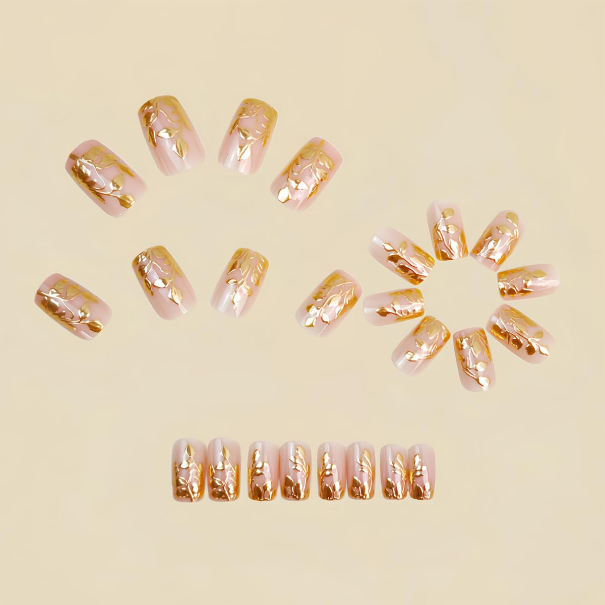 Gold Press on Nails Short Square Nude Fake Nails with Chrome Gold Foil Leaf Desi