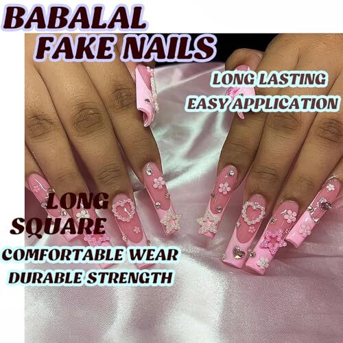Square Press on Nails Long Fake Nails Pink French Tip Glue on Nails Fne408pink