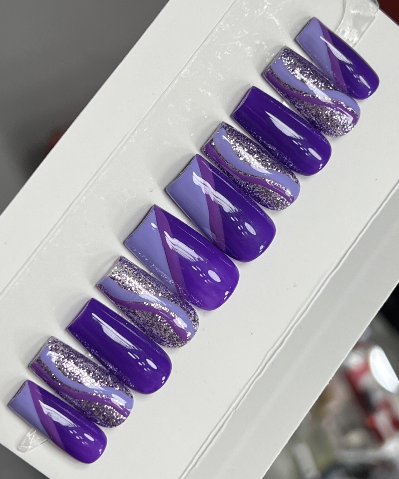 🤍 CUSTOM Hard Gel Press On Nails, Purple Glitter BLING 10p FULL SET W Kit