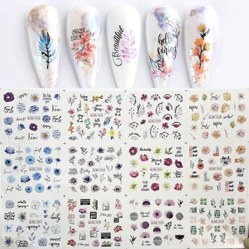 24PCS Floral Nail Stickers Pink Blue Flowers Nail Stickers Water Transfer