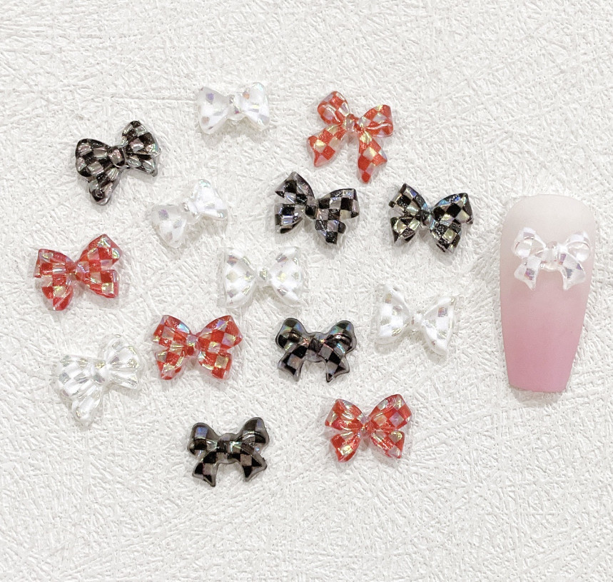 10PCS Retro Butterfly Checkered Bow Nail Art Charms Acrylic Ribbon Bowknot Decor