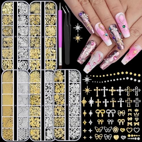 5 Boxes Gold and Silver Nail Charms, 3D Star Cross Nail Charms, Gold Silver