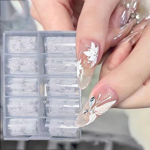 10Roll/Grid White Flowers Nail Foil Transfer Stickers 3D Holographic Nail Art