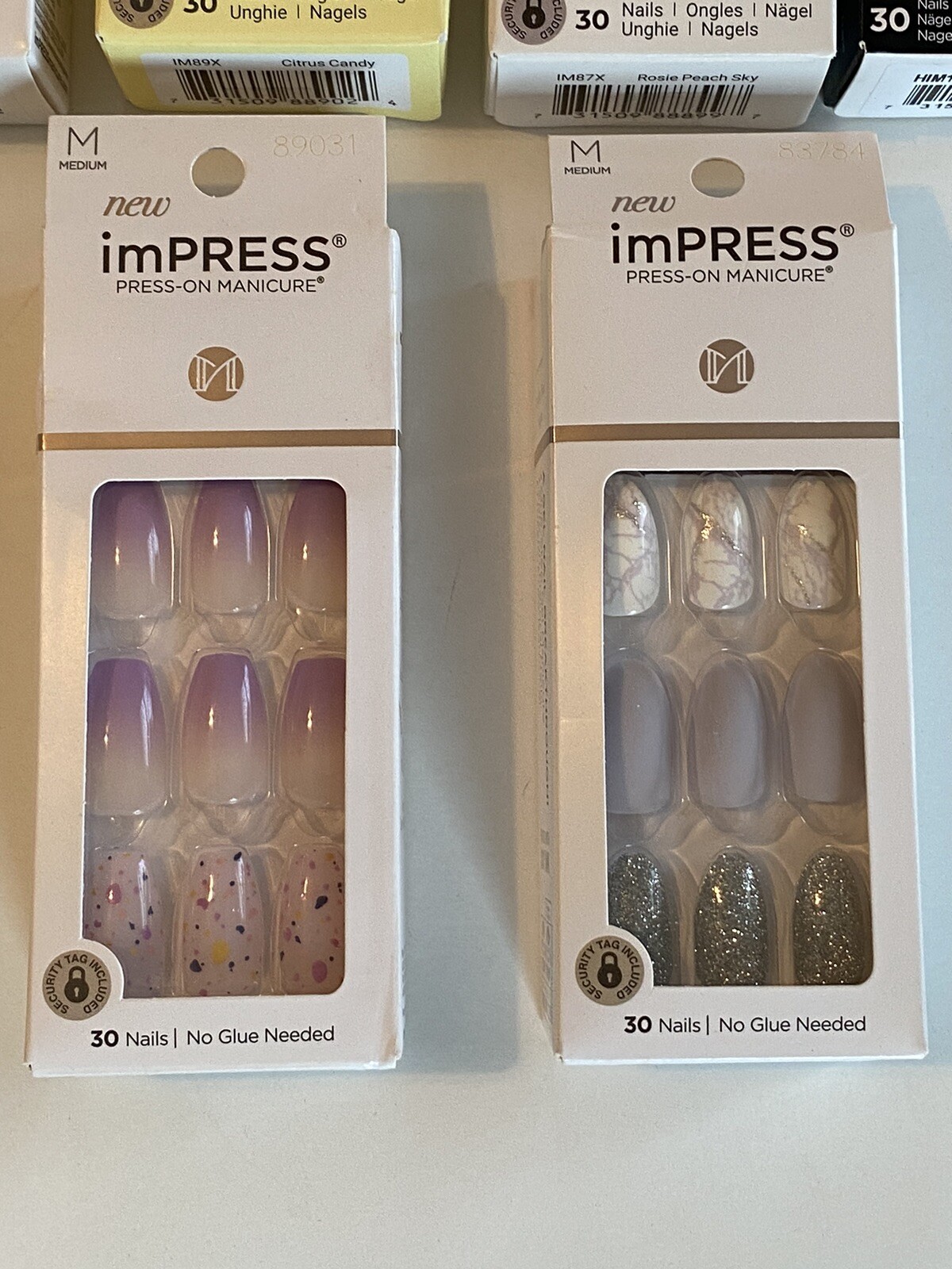 Kiss impress Medium Press On Nails x6-Love Shack Fancy Pink Floral White Glitter