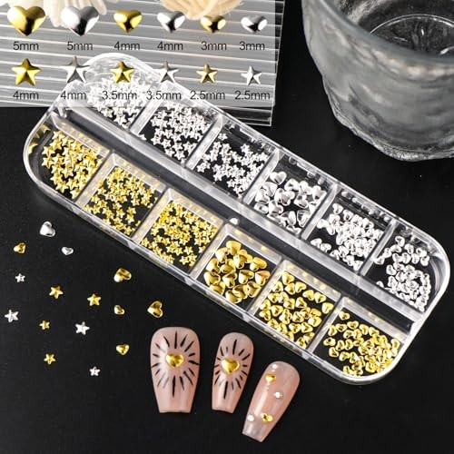 3D Nail Charms Gold & Silver Heart Star S-274-03+ZSHZ-982+G-167 white+tweezers