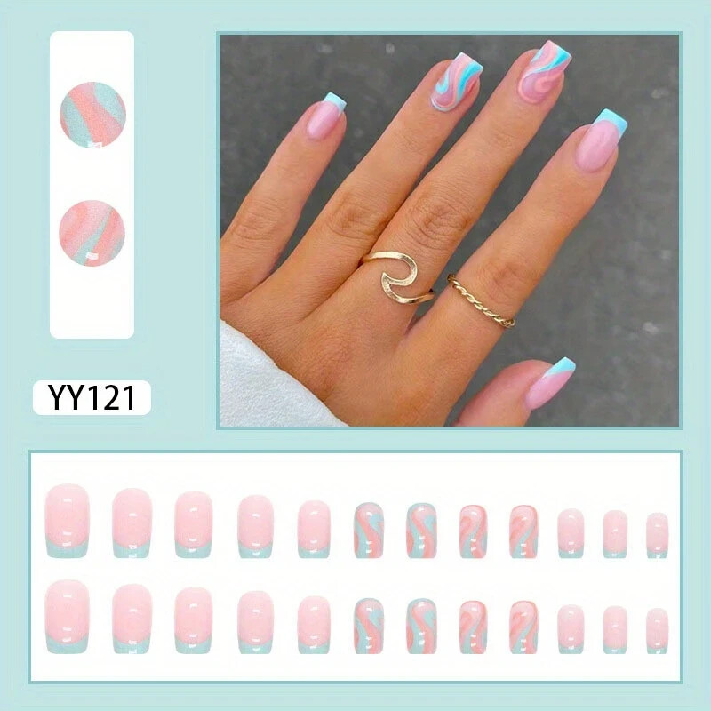 24pcs Glossy Lake Blue Swirl Press On Nails – Full Cover Acrylic Tips for Women