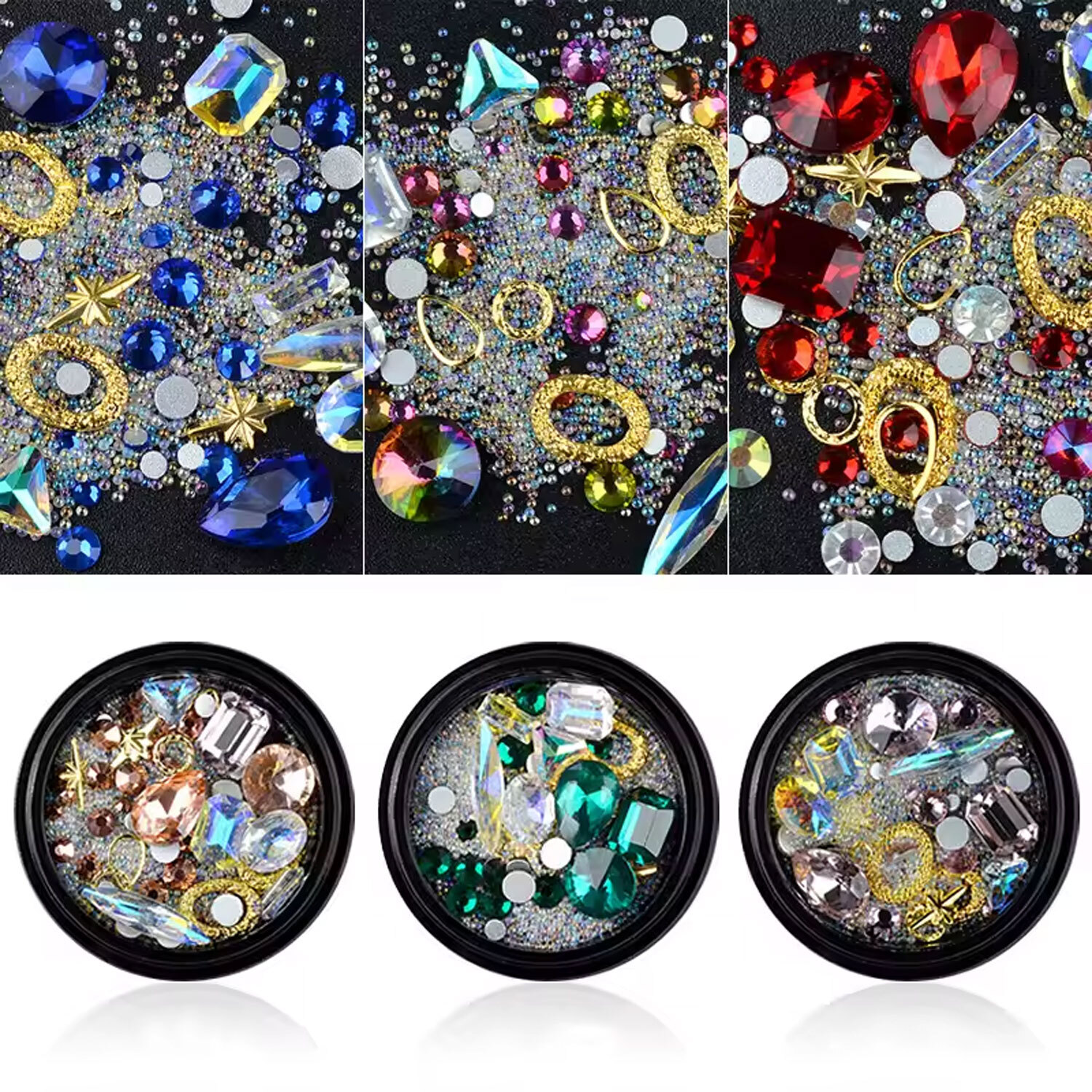 Rhinestones 3D Nail Art Decorations Jewelry Sparkle Beads + 72 PC Clear Gel Nail