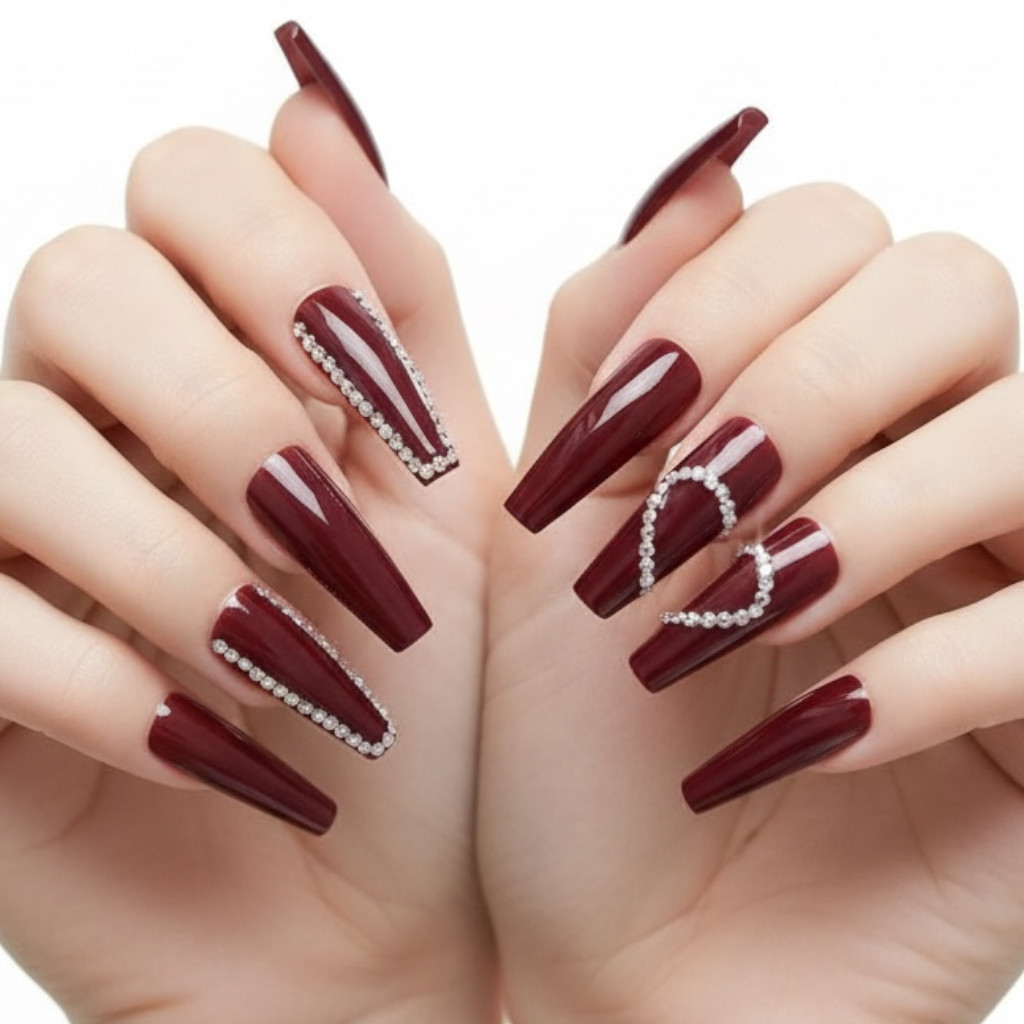 Red Burgundy 3D Crystal Coffin Ballerina Extra Long Rhinestones Press On Nails