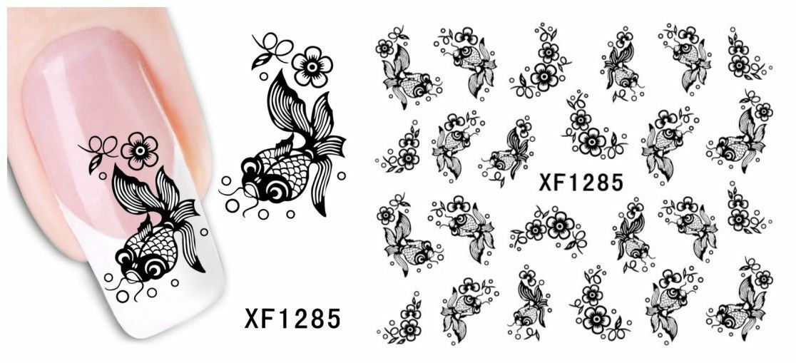 Nail Art Water Transfer Sticker Decal Stickers Pretty Fish Black XF1285