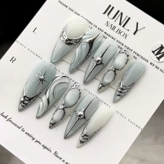 JULY NAILBOX Acrylic Press-On Nails Gray/Silver/White 3D Stiletto Long