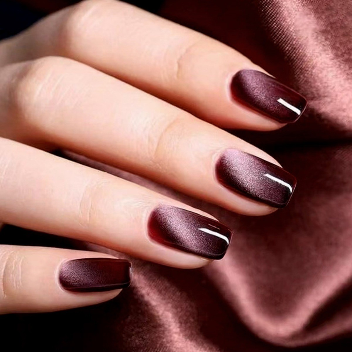 48pcs Short Square Press on Nails, Wine Red Cat Eye Solid High End Gloss Nails