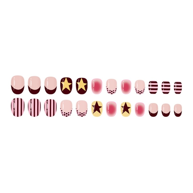 Trendy Polkas Dot Striped Press On Nail With Five Point Stars For Women Party