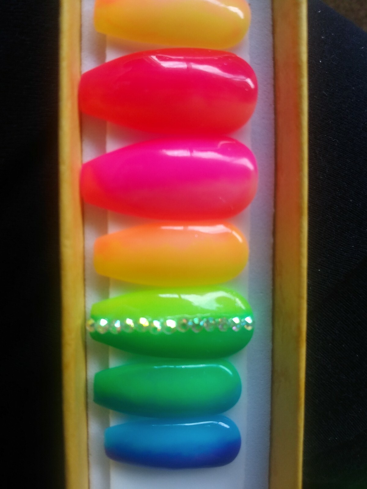 Neon Rainbow ombre gel nails bling long coffin PRESS ON NAILS
