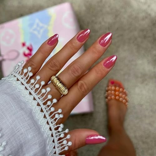 Hot Pink Chrome Press on Nails Medium Almond Nails Press oval medium hot pink