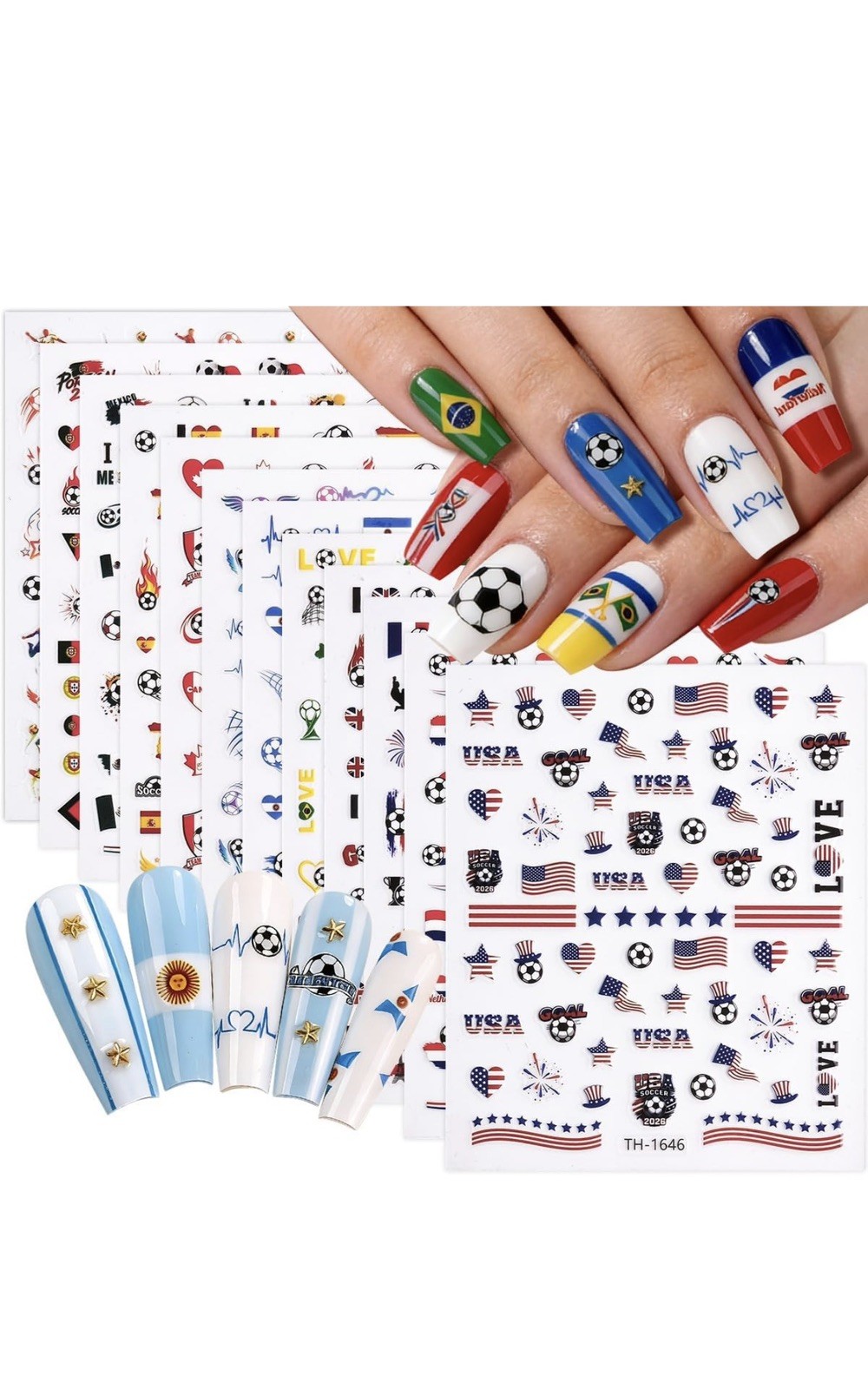 12 Sheets Soccer Nail Stickers, Self-Adhesive Soccer Ball & National Flag Nail A