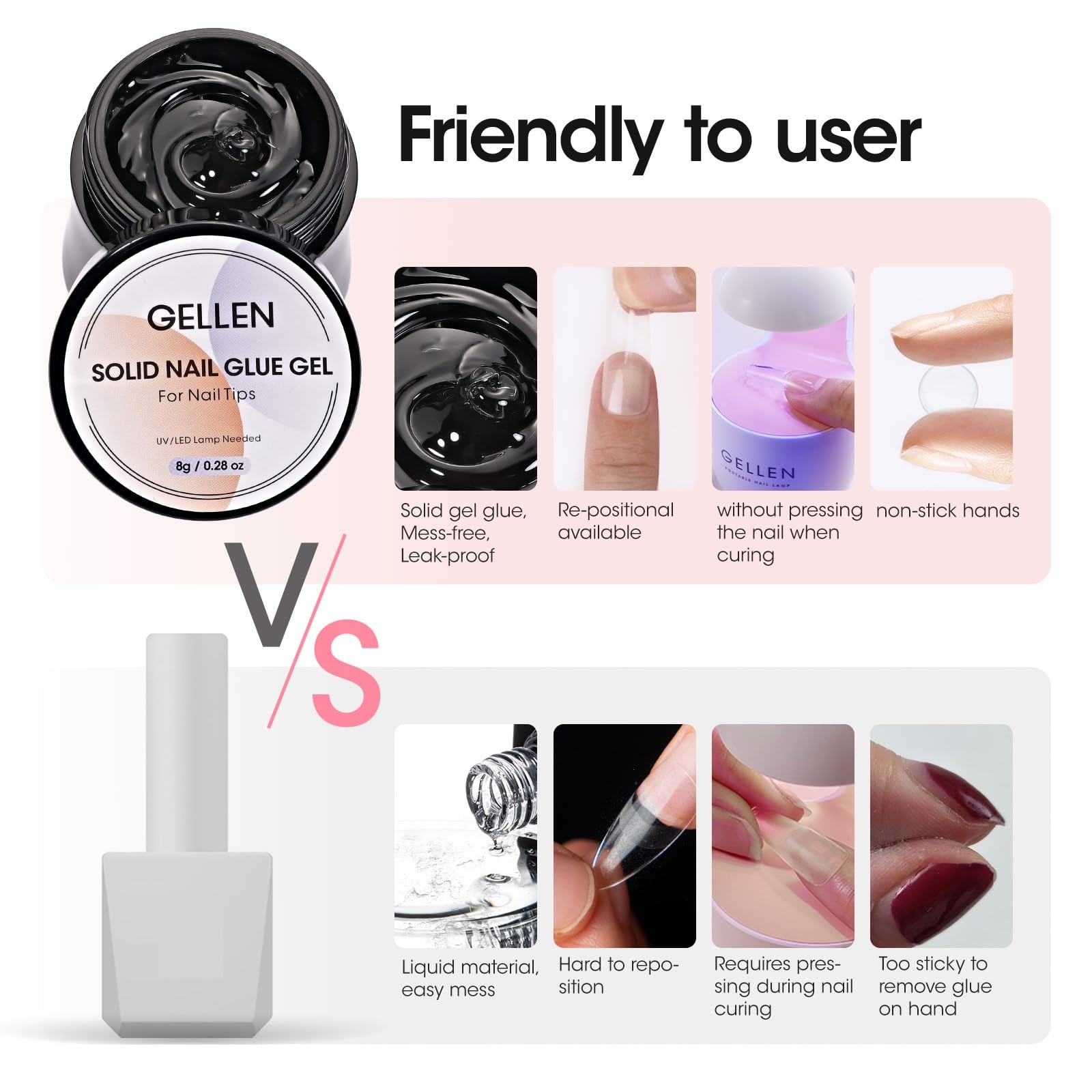 Solid Nail Glue Gel Kit – 8g Gel and 8w Mini UV Light LED Lamp for Cured Nail…
