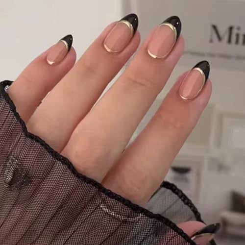 Black French Tip Press on Nails Short Almond Fake Short (Pack of 24) Style-35