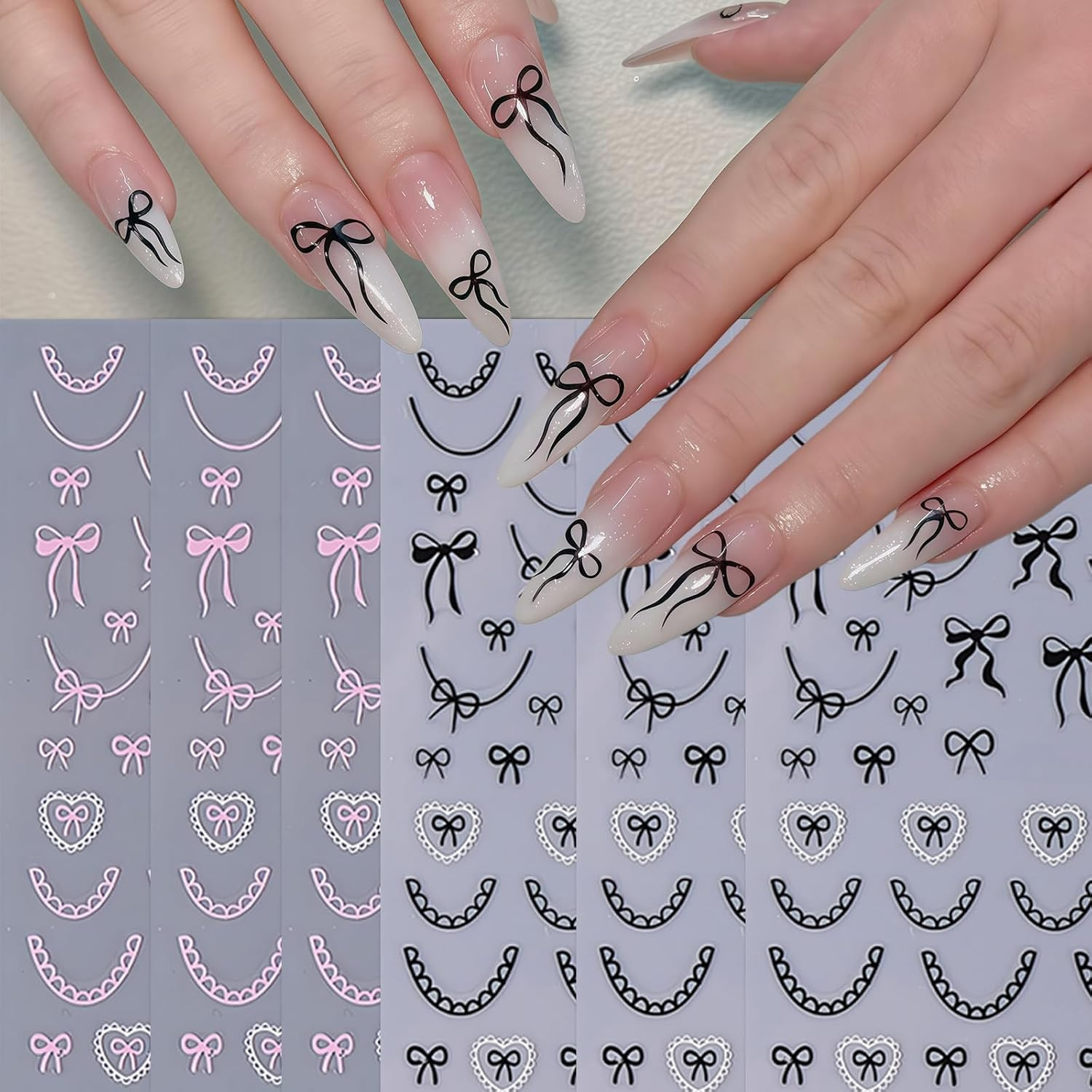 6Pcs Bow Nail Stickers Valentines Nail Decals Love-Heart Kawaii Lace Bow Tie Nai