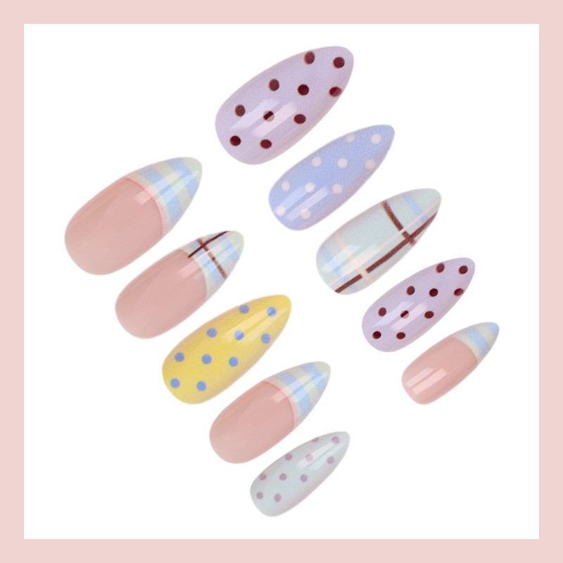 48Pcs-Medium Almond Blue Purple Yellow Polka Dot Plaid Fake Press on Nails Set